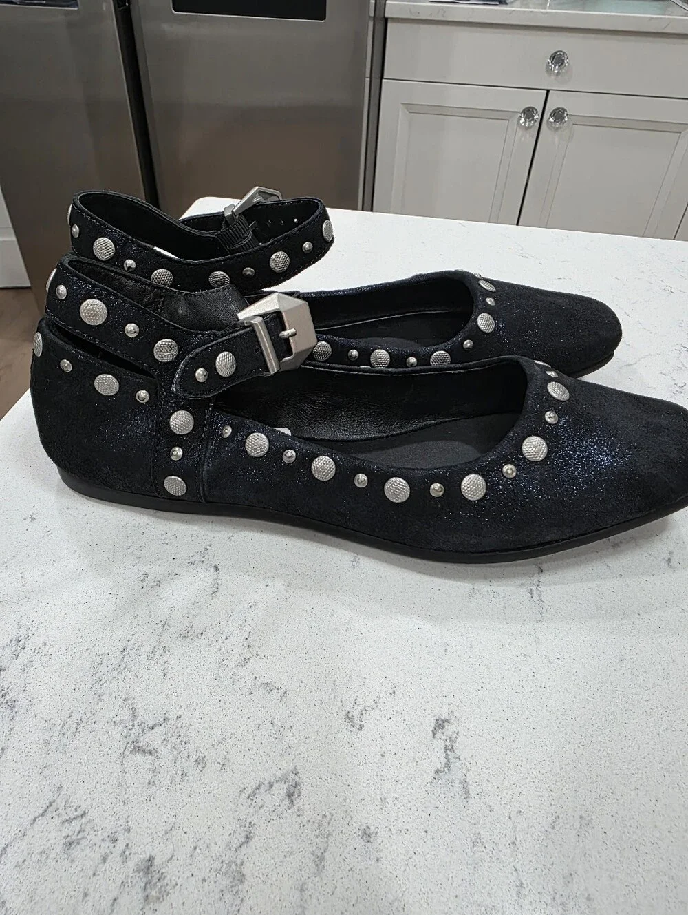 Free People Navy Metallic Mystic studded Mary Jane Flats size 9.5
